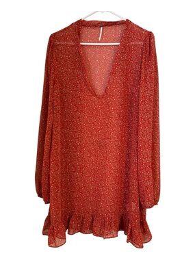 Red Floral V-Neck Long Sleeve Ruffle Hem Dress